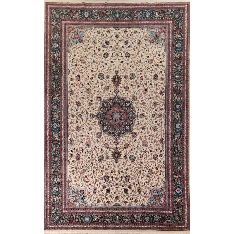 Vegetable Dye Floral Agra Large Indian Rug Hand-Knotted Wool Carpet - 11'6" x 17'9"