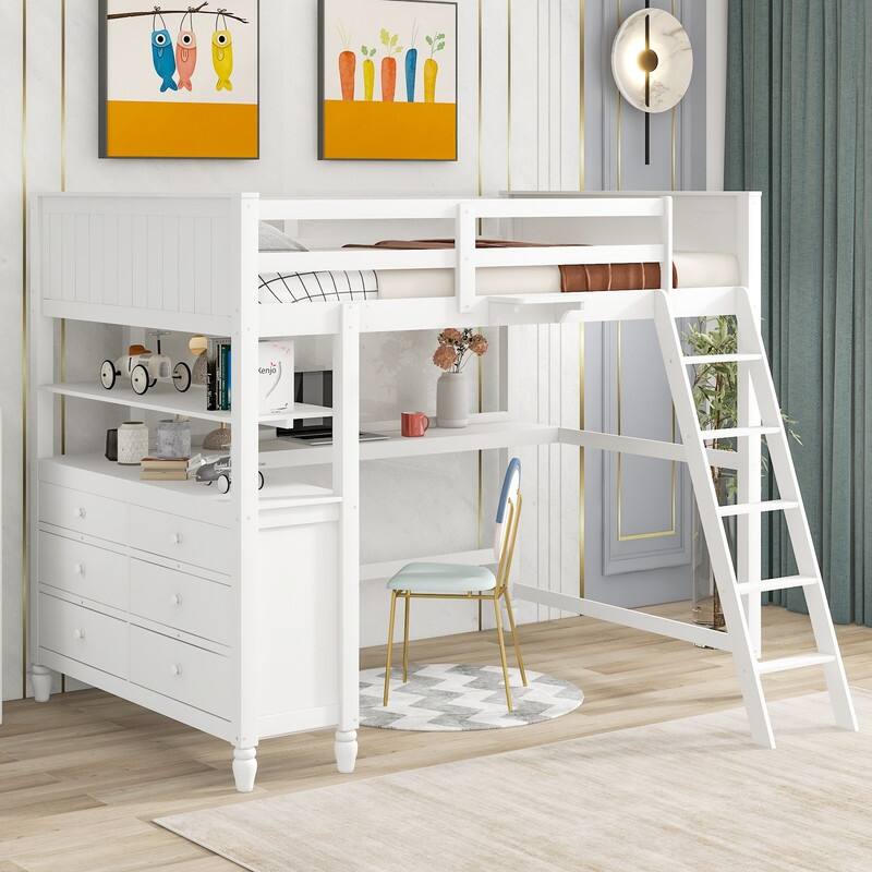 Full size Wooden White Loft Bed with Drawers, Desk and Shelves Bed Bath & Beyond 39176928