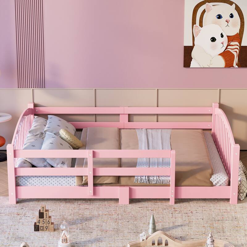 Montessori Floor Bed with Fence - Full/Twin Solid Wood, Slats & Safety Guardrails, Easy Assemble - Pink - Full