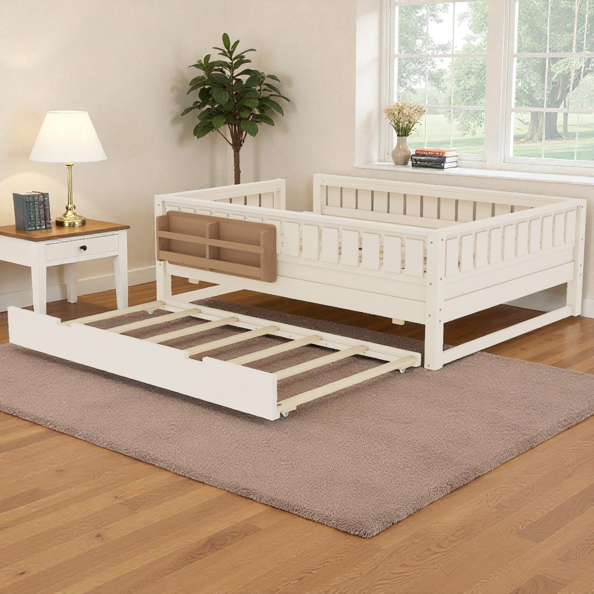 Full Platform Bed with Trundle, Built-in Bookshelves and Safety Staircase, Solid Wood Frame, No Box Spring Needed