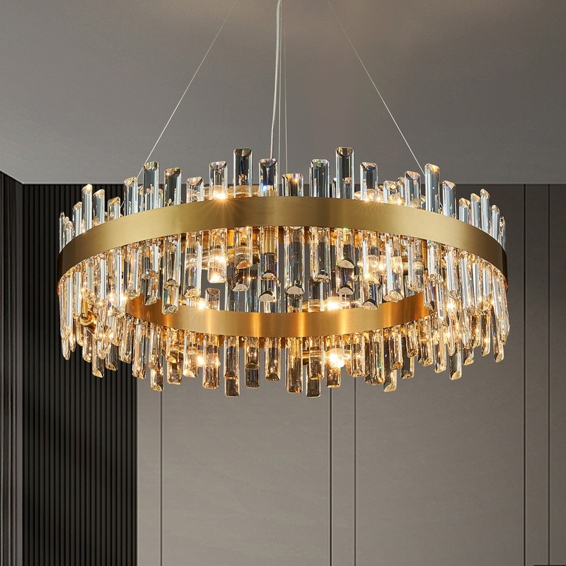 32 in. 2 Tier Modern Crystal Chandelier Brass Gold Round Crystal Raindrop Chandelier Contemporary Pendant Light for Dining Room 31.5 in
