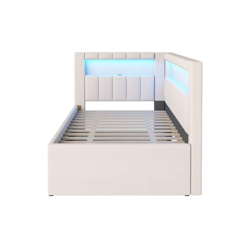 Twin Size Linen Platform Bed with LED Lighting and USB Ports and Includes Hidden Trundle (250lbs Capacity)