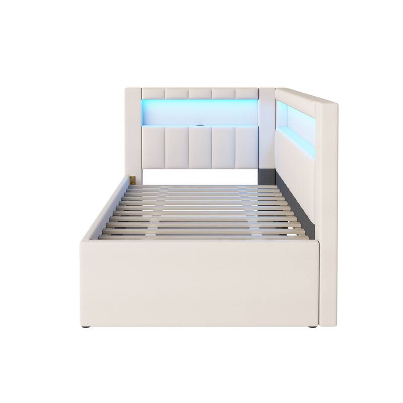 Twin Size Upholstered Platform Bed with USB Ports, LED Lighting, and Trundle, White
