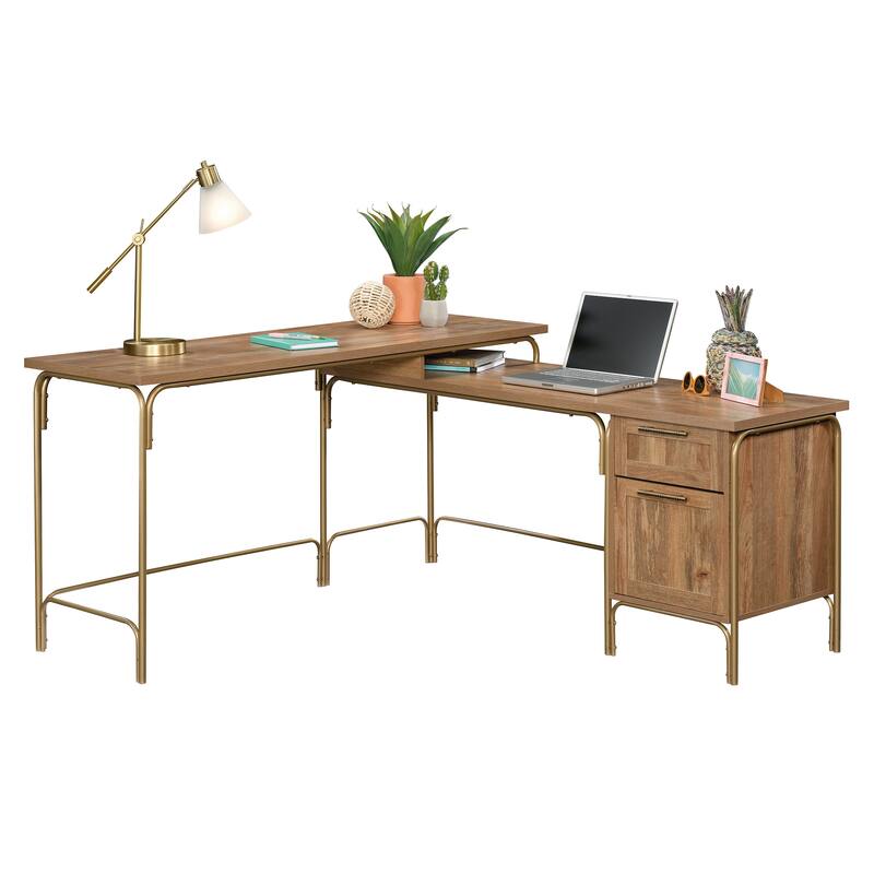 Wood L-Shaped Desk with Coastal-Inspired Design, Brown and Gold