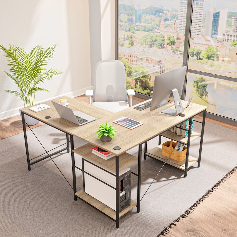 86.6 Inch L Shaped Desk Reversible Corner Office Computer Desk with Shelves