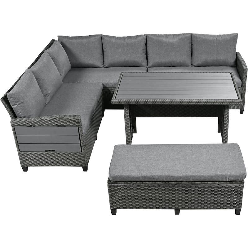 Roomfitters 5-Piece Outdoor PE Wicker Patio Sofa Set with 2 Extendable Side Tables, Dining Table