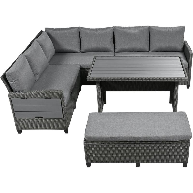 Roomfitters 5-Piece Outdoor Rattan Sofa Set, Patio Sectional Furniture with Dining Table, Storage Bench, Side Trays