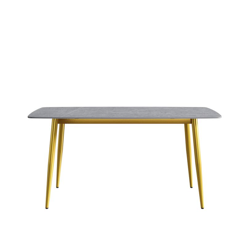 63" Modern Dining Table,Sintered Stone Tabletop and Solid Gold Carbon Steel Base
