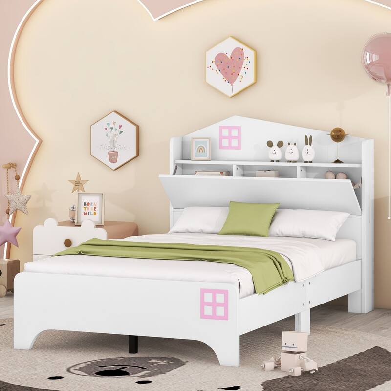 Twin Size Wooden Bed with Storage Headboard