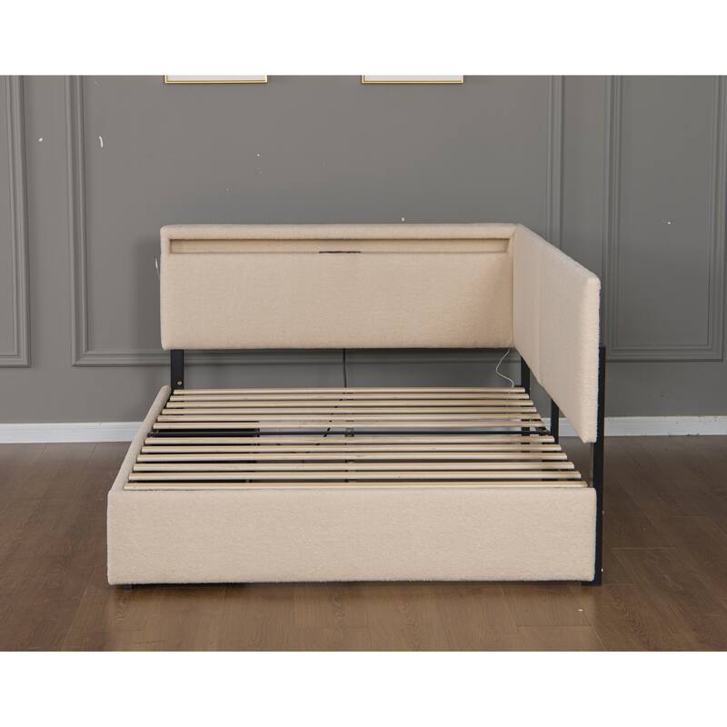 Full/Twin Size Boucle Upholstered Cloud Bed Frame with Headboard, Solid Wood Legs - No Box Spring Needed