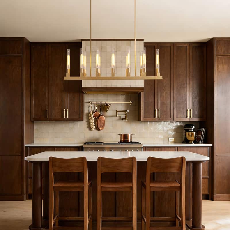 54'' Gold Farmhouse Rectangular Chandelier 12-Light Kitchen Island Lighting with Glass Tube Shades for Living Room & Foyer - N/A