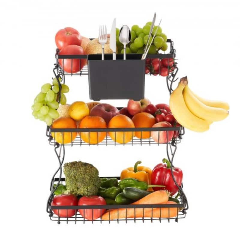 Kitchen Countertop Fruit Storage Rack 3-Tier Matte Black Wire Basket with Side Storage Pouches - 15.16” x 9.06” x 17.91”