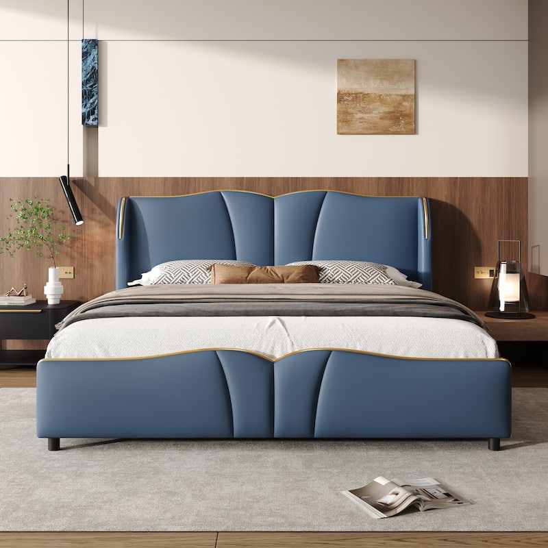 Modern King Size Upholstered Bed Frame with Wingback Headboard and Wavy Footboard, No Spring Box Needed, Antique Blue - Antique Blue