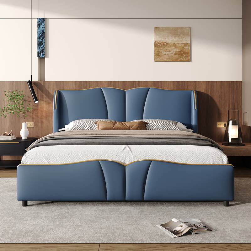 Modern Upholstered Bed Frame with Head board and Footboard - Antique Blue - Queen