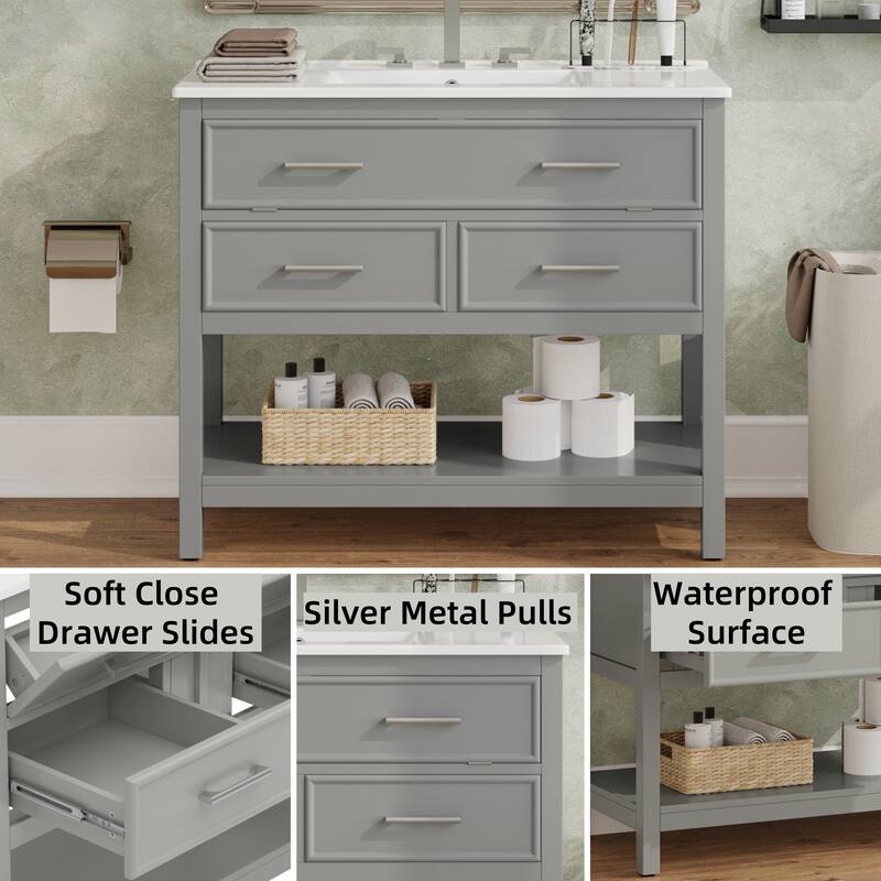 Bathroom Vanity with Sink, Multi-Functional Wood Bathroom Cabinet, Vanities Set with Open Shelf, Tip-Out Tray & 2 Drawers