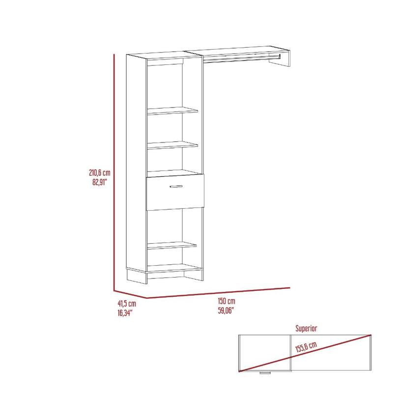 Closet System, Metal Rod, Five Open Shelves, One Drawer