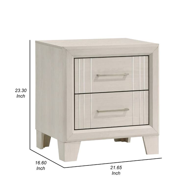 Charie Nightstand with 2 Drawers, Tapered Legs, Silver Metal, White Wood