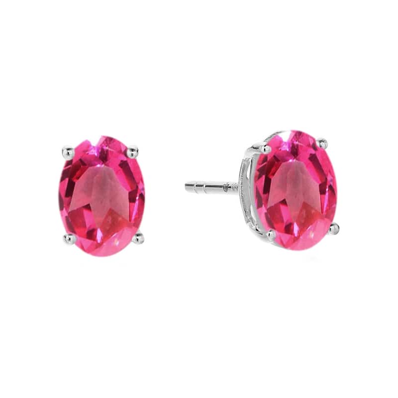 Sterling Silver 8x6 Oval Genuine Gemstone Birthstone Stud Earrings - Pink - Topaz