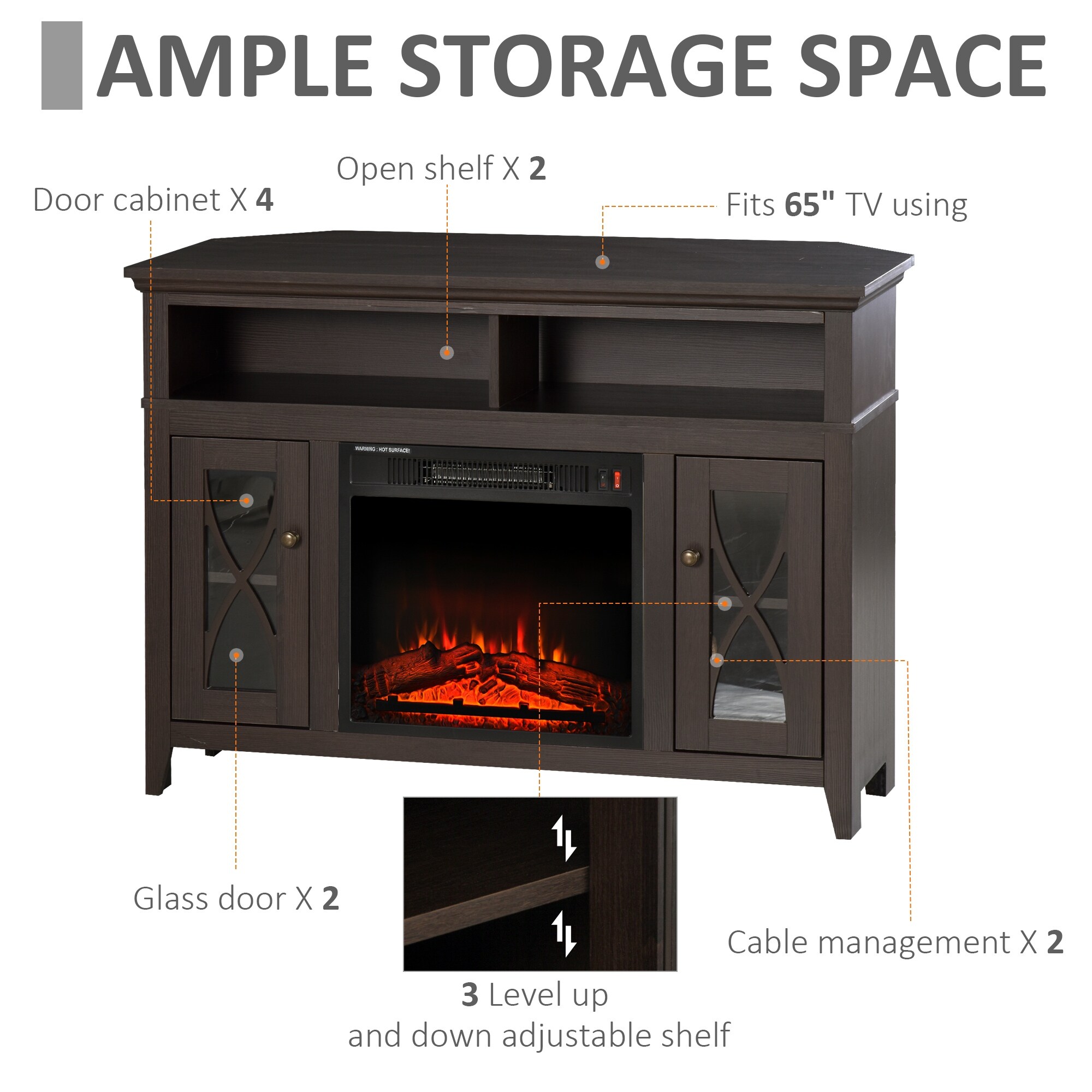 LED Flame HOMCOM 2-IN-1 Wood Corner TV Stand with Media Center Console and Electric Fireplace Fits 55 TV Dark Coffee