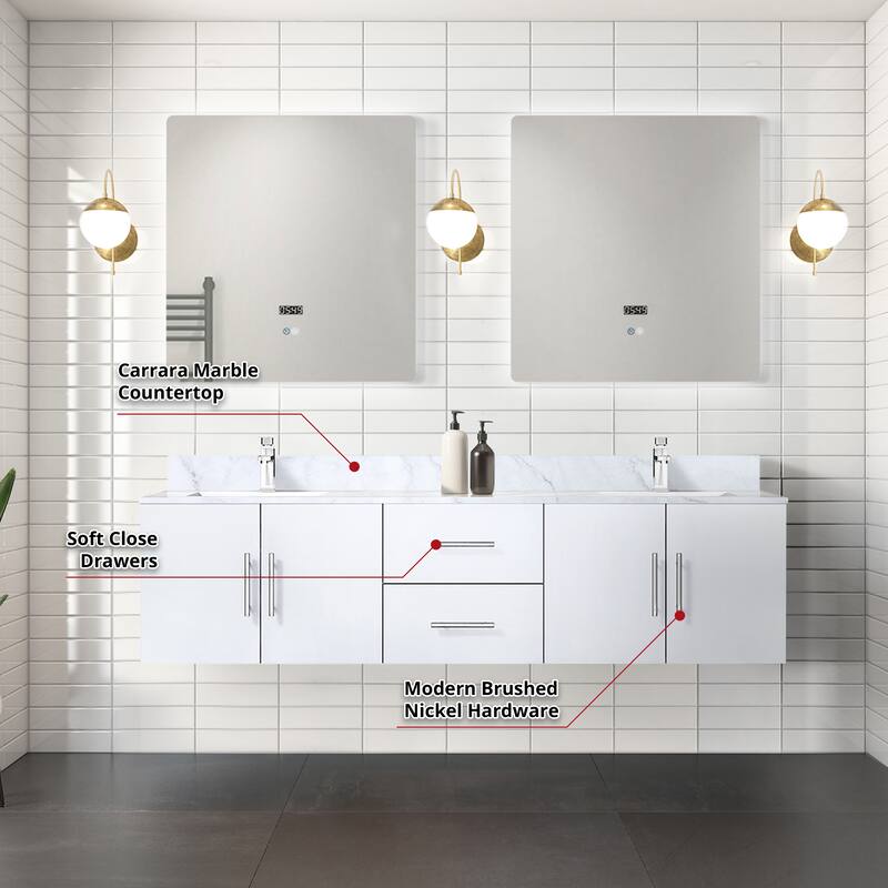 Geneva 72 in. W x 22 in. D Glossy White Double Bath Vanity, Carrara Marble Top, and 30 in. LED Mirrors