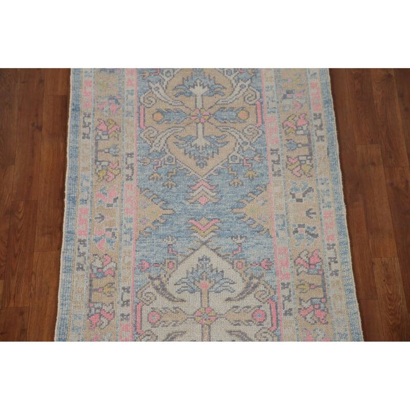Handmade Vegetable Dye Oushak Turkish Runner Rug Blue Wool Carpet - 3'1"x 11'3"