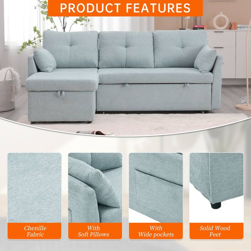 Corduroy/Chenille Upholstered L-Shaped Storage Reversible Chaise Sectional Sofa with Side Pocket