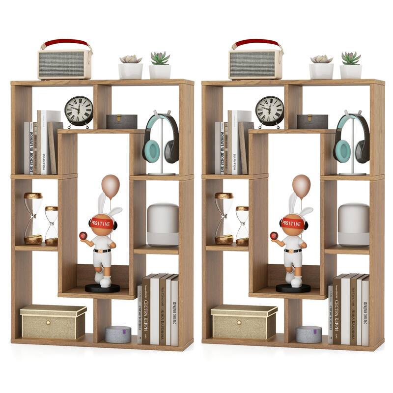 Costway 2 PCS 7-Cube Geometric Bookshelf with Anti-Toppling Device - See Details - Natural