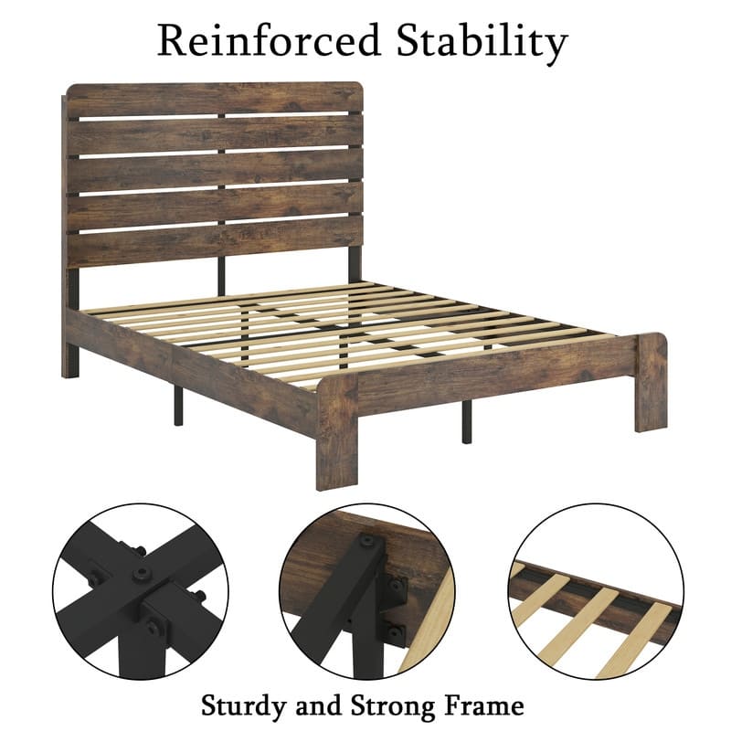 Rustic Farmhouse Dark Brown Queen Size Wood Platform Bed Frame for Bedroom