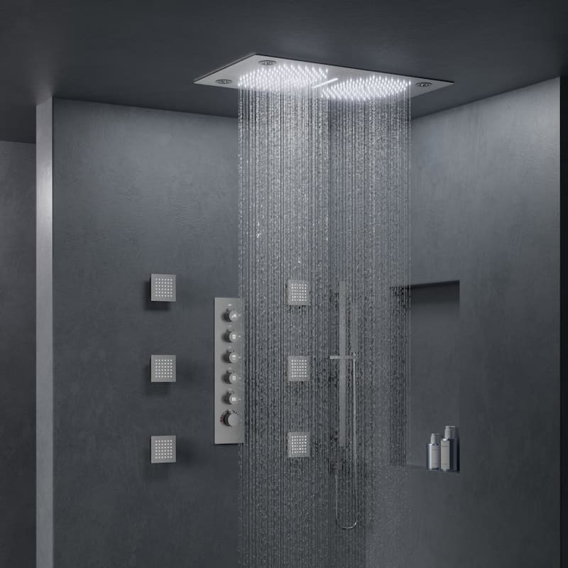 GRANDJOY LUXURY Shower Faucet Set 28"*16" Ceiling Mount Shower Head Body Jets Handheld Spray with Slide Bar LED Music
