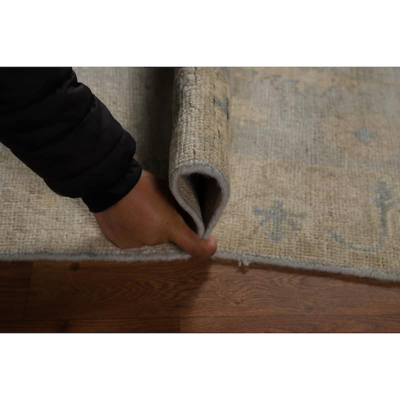 Vegetable Dye Blue Oushak Turkish Runner Rug Hand-Knotted Wool Carpet - 3'1" x 11'8"