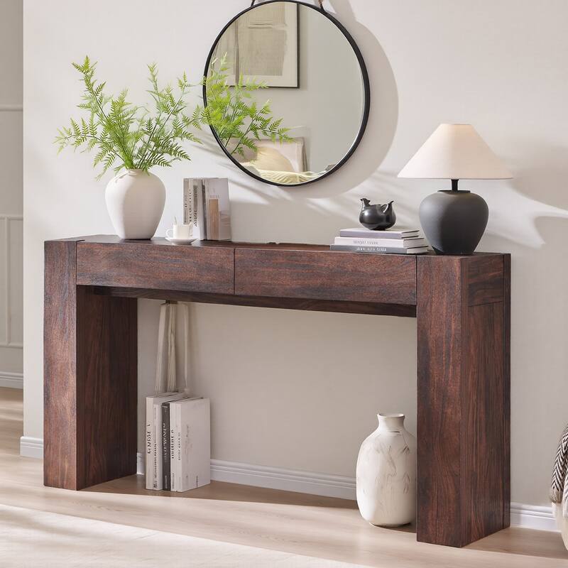Modern Entryway Console Table, Thick Wood Sofa Table with Drawers - Dark Walnut