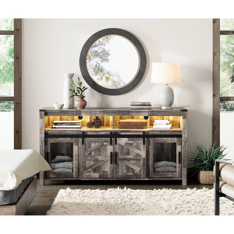Highboy TV Console with LED Lights, Farmhouse & Industrial, 59 Inch