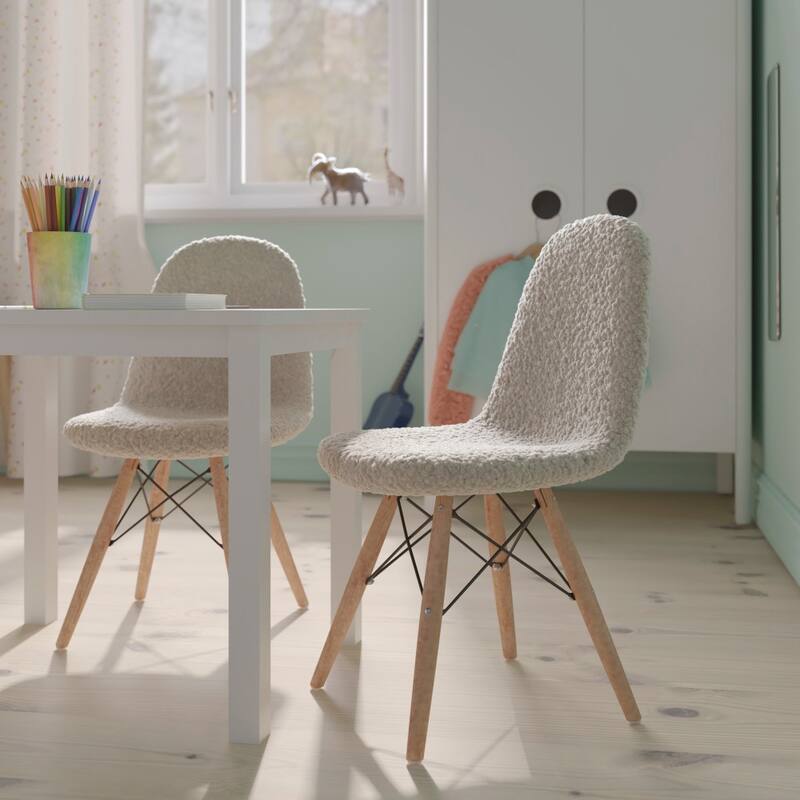 Set of 2 Kids Armless Faux Shearling Faux Sherpa Chairs - Beechwood Legs - Off-White