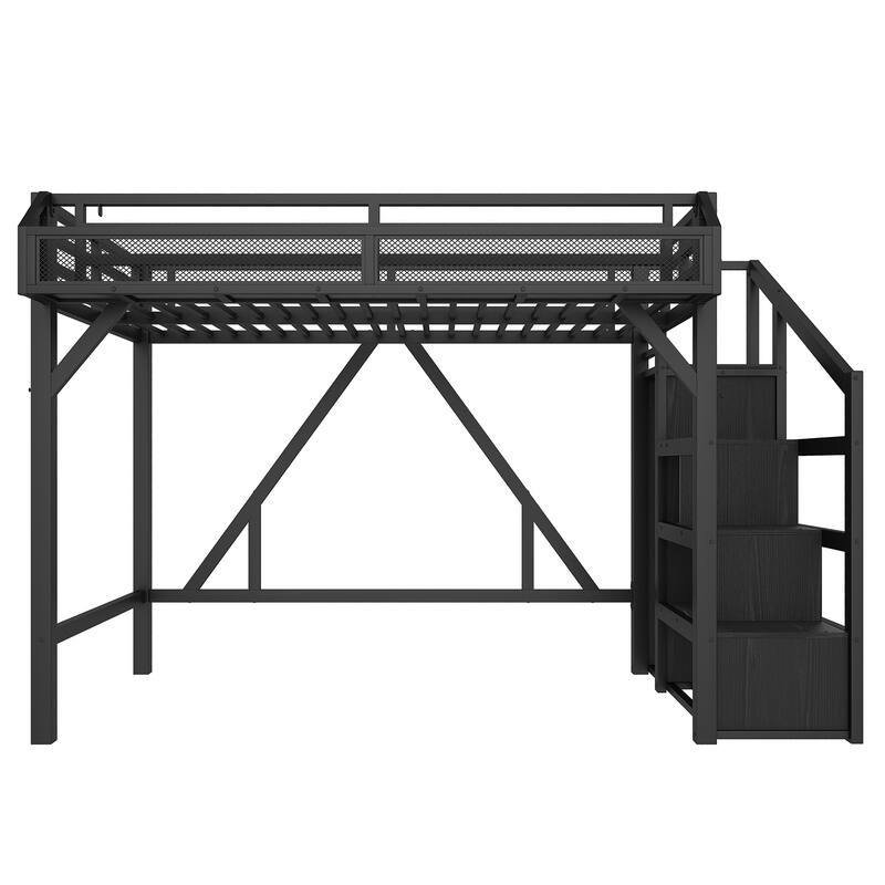 Roomfitters Metal Loft Bed with Wardrobe and Storage Stairs, LED Lights and USB