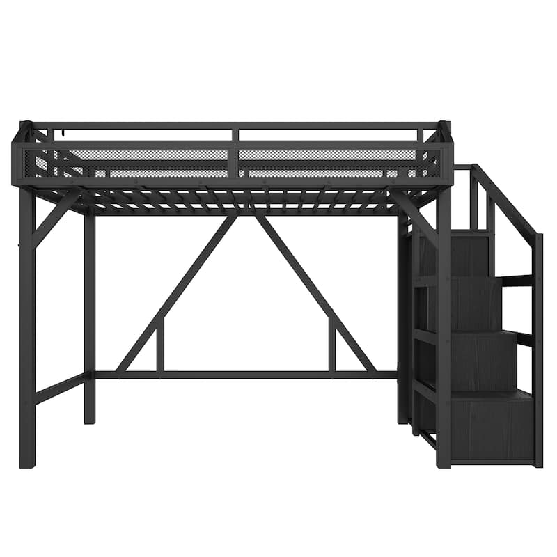 Twin XL/Twin Metal Loft Bed with Storage Stairs, Wardrobe, USB Ports & LED Lights