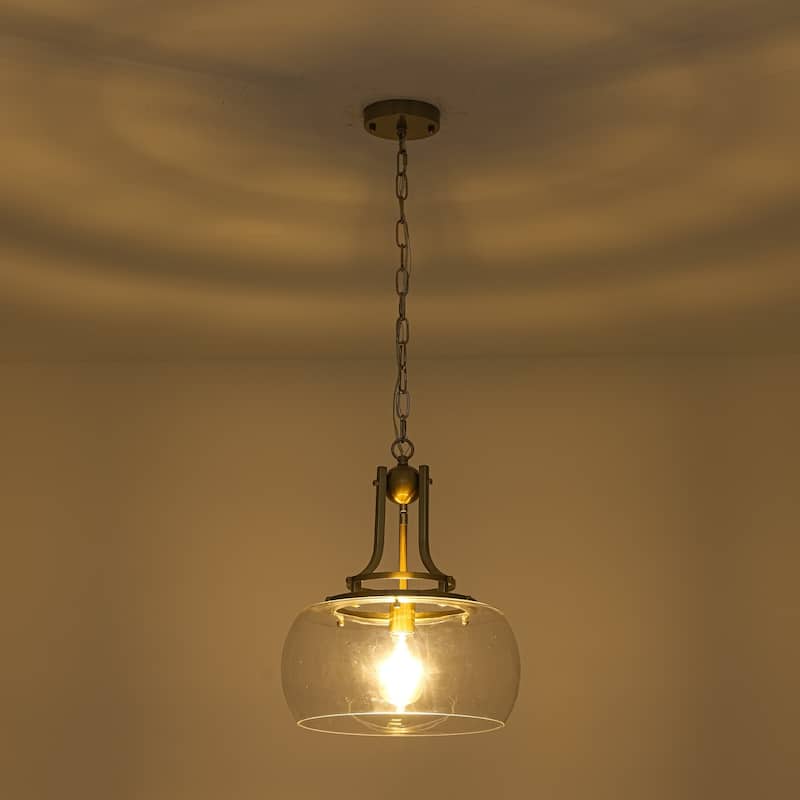 13.8" W Mid-Century Modern Rustic Gold Dome Design Ceiling Pendant with Clear Glass Shade for Dining Room, Kitchen Island, Foyer