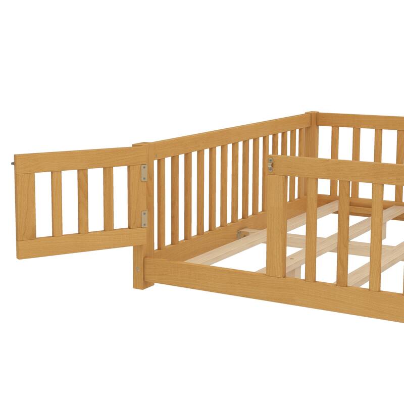 Roomfitters Wooden Twin/Full/Queen Floor Bed Frame with Door & Safety Guardrails, Low Platform Design for Bedroom or Playroom
