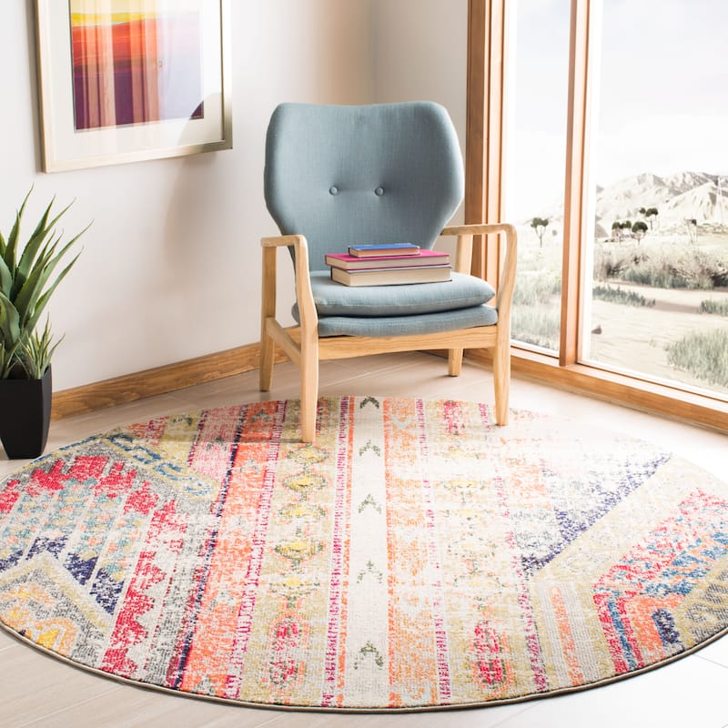 SAFAVIEH, Madison Sonya Abstract Boho Distressed Rug - 5' Round - Grey/Orange
