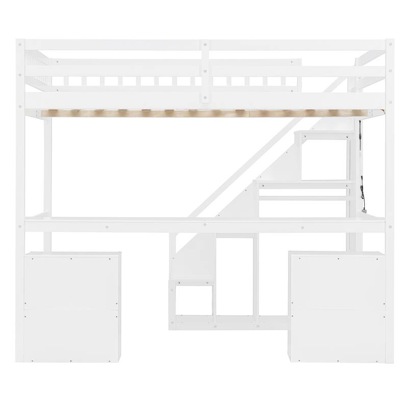Full Size Loft Bed with Two Chest of Drawers, Desk and Light Strip