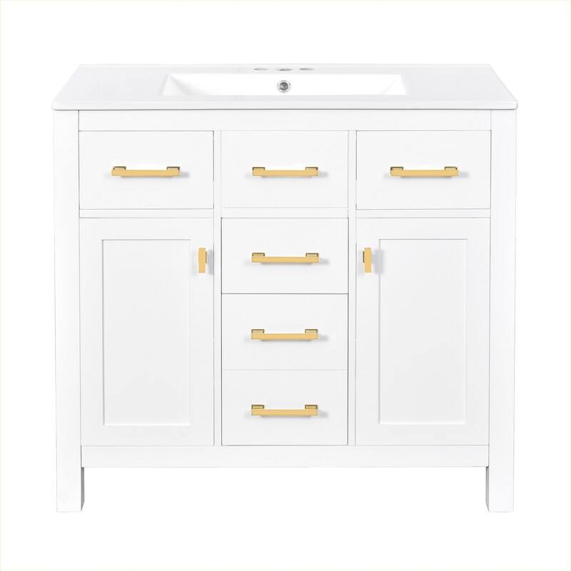 36" Modern Freestanding Bathroom Vanity Set - Ceramic Sink Combo with 4 Drawers & 2 Cabinets, Solid Wood Frame Storage Cabinet‌. - White
