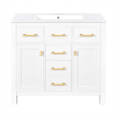 36" Modern Freestanding Bathroom Vanity Set - Ceramic Sink Combo with 4 Drawers & 2 Cabinets, Solid Wood Frame Storage Cabinet‌.