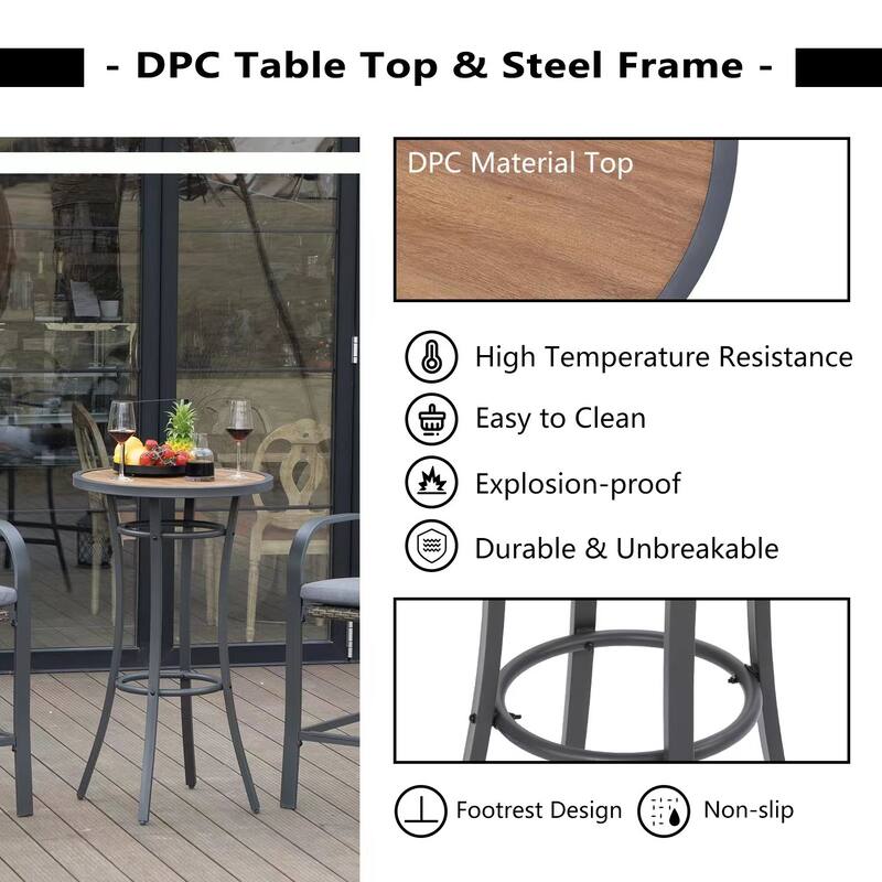 3-Piece Wicker Bar Height Outdoor Dining Set Patio Bar Sets Outdoor Bar Table Bar Stools with Gray Cushions