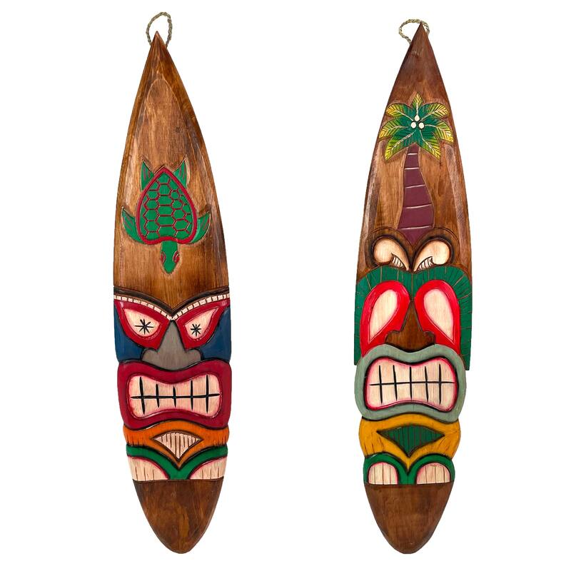 Set Of 2 Tiki Surfboard Wall Decor 39" Sea Turtle Palm Tree
