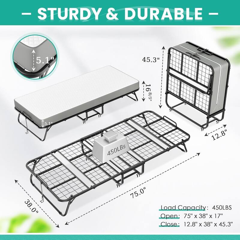 75” x 38” Folding Bed with 5 Inch Memory Foam Mattress, Portable Rollaway Guest bed for Adults with Dustproof Bag