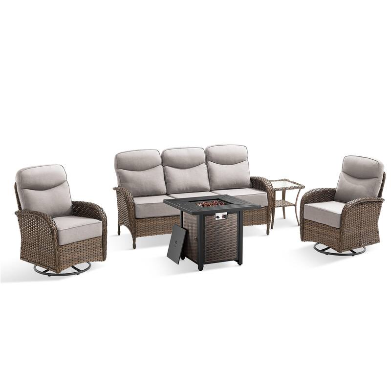 Pocassy Outdoor Sofa Swivel Chair and Ottman with 30in Fire Pit Table