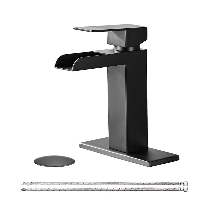 Waterfall Bathroom Faucet Single Handle Bathroom Sink Faucets 1 or 3 Hole with Deck Plate & Overflow Pop Up Drain - Matte Black
