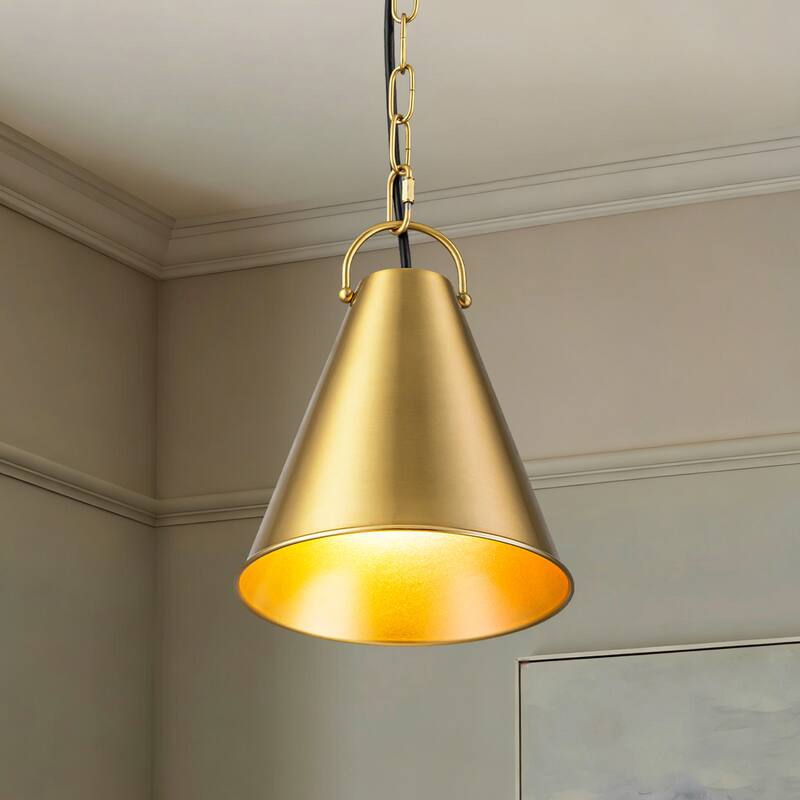7.3" 1-Light Retro Brass Finish Pendant Light with Cone Shade for use in Bedroom, Kicthen Island