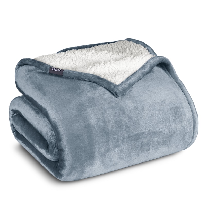 Bare Home Sherpa Fleece Blanket - Reversible Plush Bed Blanket - Full/Queen - Dusty Blue