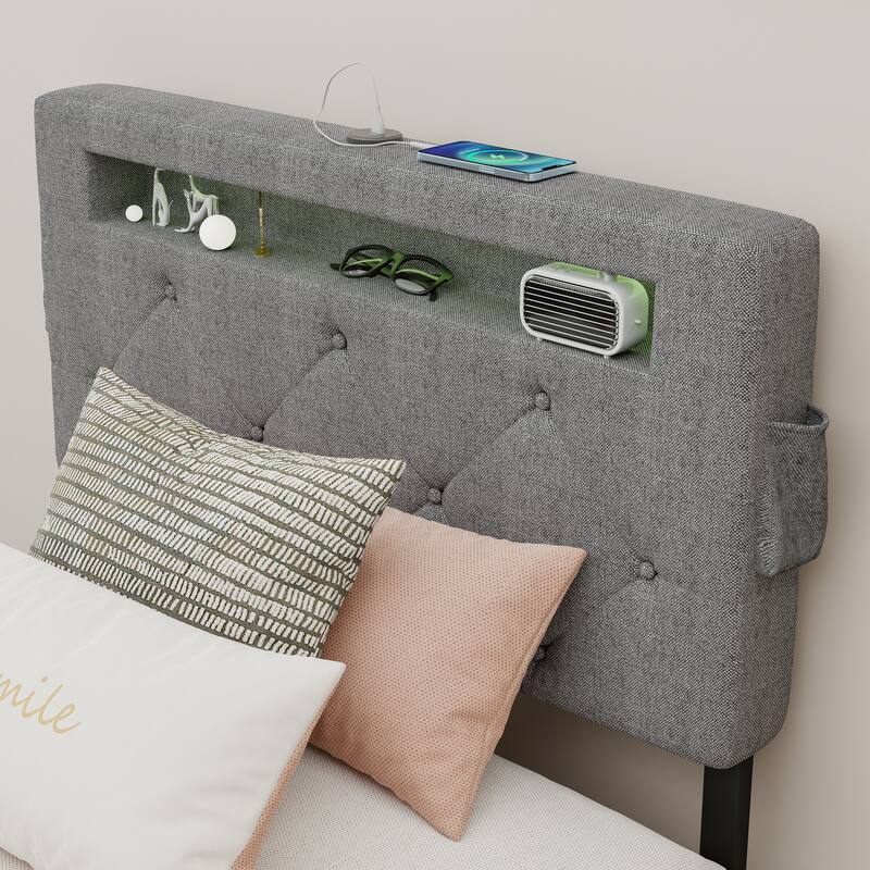 Adjustable Height Twin Size Upholstered Platform Bed with Built-in LED Lights, USB Charging Station, Side Pockets and Drawers