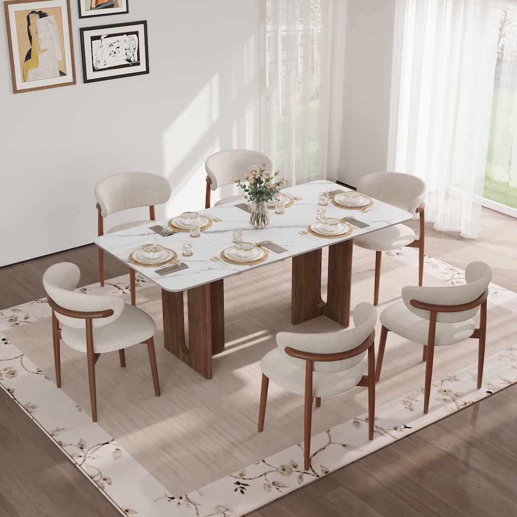 63" Modern Rectangular Dining Table for 4-6,Faux Marble top with Travertine Texture,Double Legs with Solid Woood Veneer